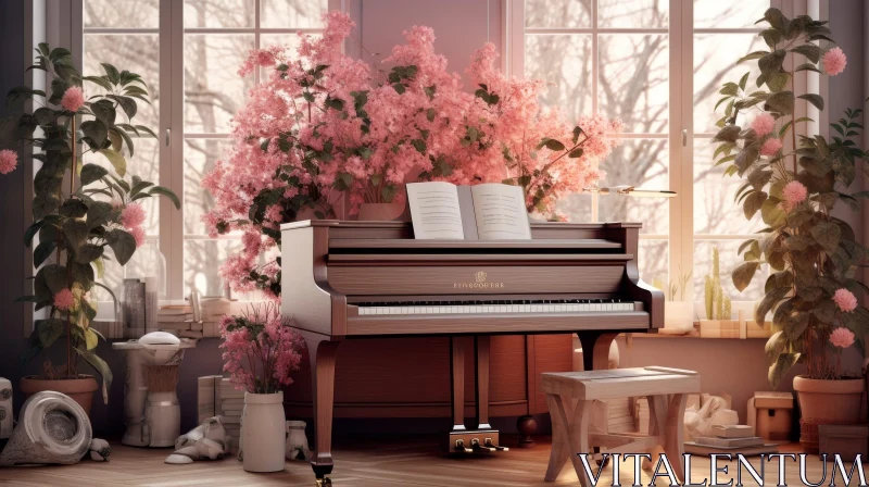 AI ART Modern Living Room with Grand Piano and Pink Flowers