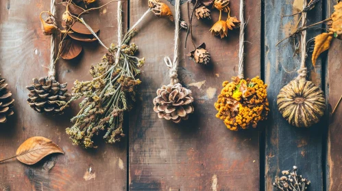 Rustic Dried Plants and Flowers on Wooden Background