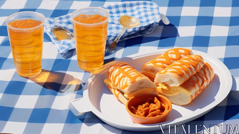 Sunny Day Picnic Scene with Orange Soda and Cheese Sandwich AI Image