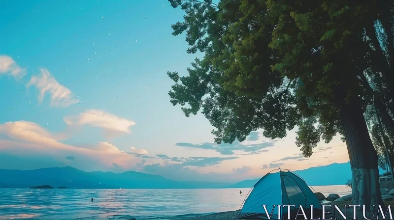 Tranquil Lakeside Campsite at Dusk AI Image