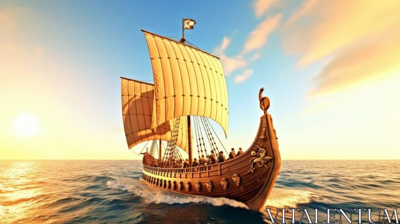 Viking Ship Sailing on Rough Sea - Digital Art AI Image