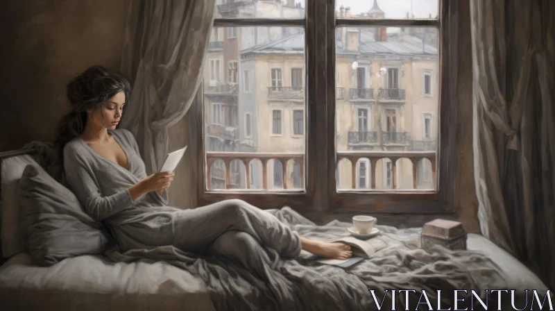 AI ART Young Woman Reading a Letter in Bedroom