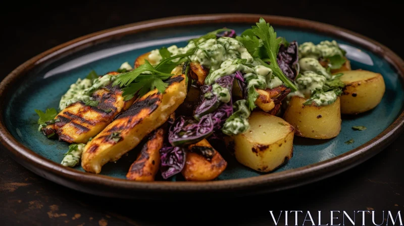AI ART Delicious Grilled Halloumi Cheese with Roasted Potatoes and Red Cabbage Slaw