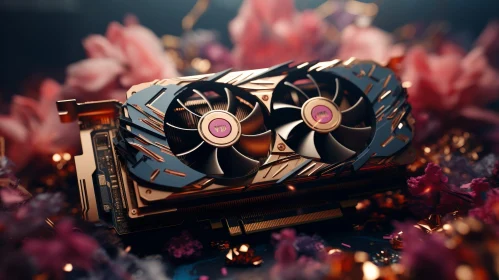 Sleek Graphics Card with Unique Cooling Fans on Floral Background