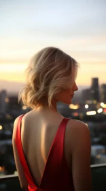 Woman in Red Dress at Sunset on Rooftop