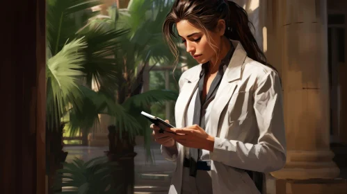 Young Woman in Lab Coat in Tropical Atrium