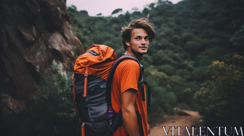 AI ART Confident Male Hiker on Mountain Trail