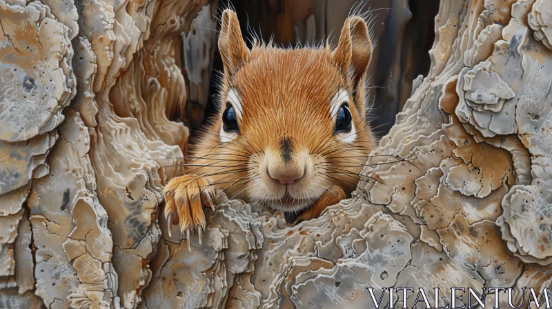 AI ART Curious Red Squirrel Peeking Out of Tree Hole