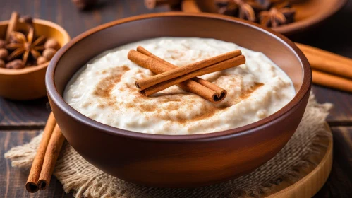 Delicious Rice Pudding with Cinnamon and Anise on Wooden Table