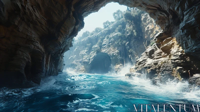 AI ART Enigmatic Sea Cave Landscape with Crystal-Clear Waters