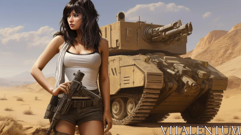 Female Warrior in Desert with Tank and Gun AI Image