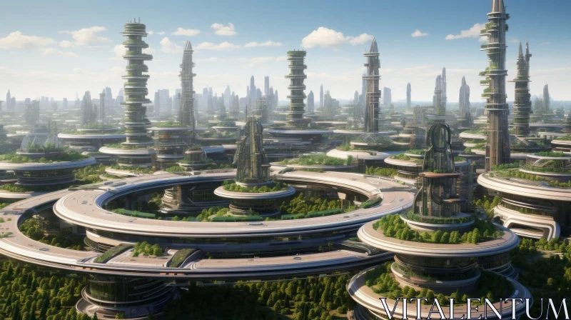 Futuristic Cityscape with Rings and Bridges AI Image