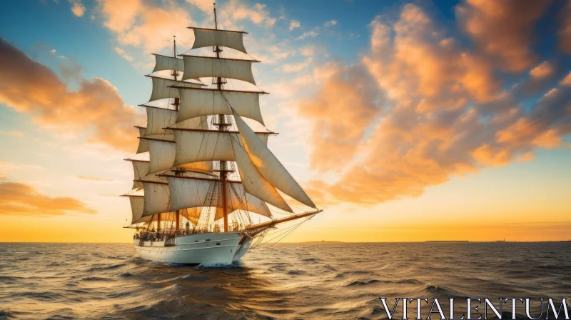 Majestic Ship Sailing on Open Ocean at Sunset AI Image