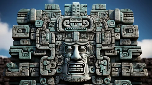 Mayan Stone Carving - Intricate Human Face and Hieroglyphs
