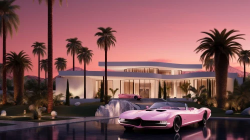 Modern House with Pink Car 3D Rendering