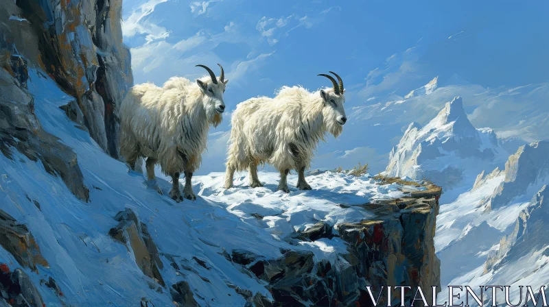 Mountain Goats on Snowy Cliff - Wildlife Painting AI Image