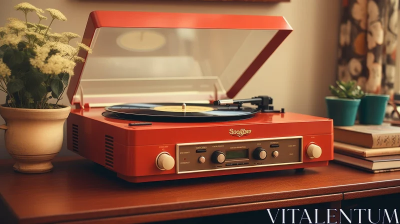 Red Vintage Record Player on Wooden Table AI Image