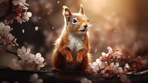 Reddish-Brown Squirrel on Tree Branch AI Image