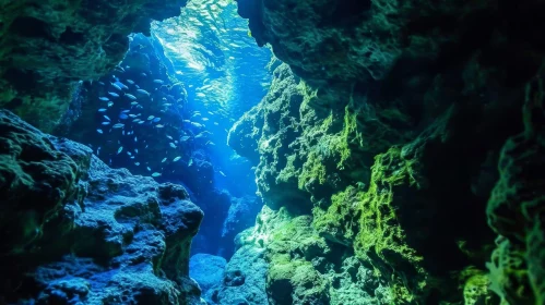 Underwater Cave Mystery with Illuminated Fish