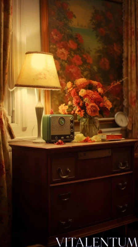 AI ART Vintage Still Life with Radio, Flowers, and Painting