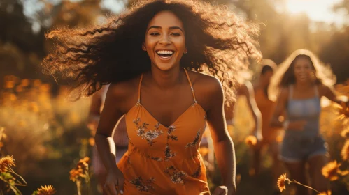 Young Woman Running in Flower Field - Joyful Portrait
