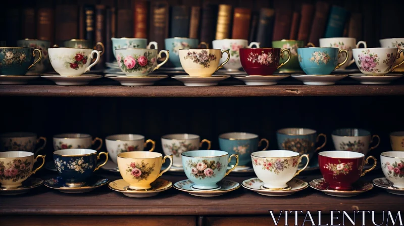 Antique China Teacups and Saucers Display AI Image