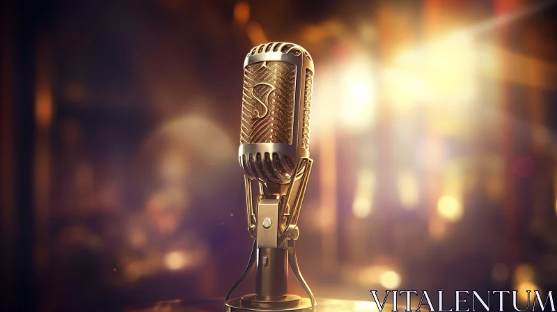 Gold Microphone on Stand with Warm Background AI Image