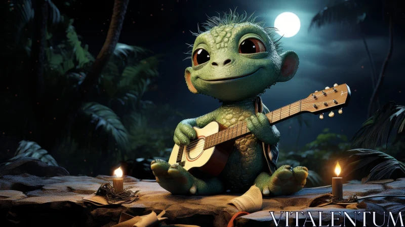 Green Dragon Playing Guitar Under Full Moon AI Image