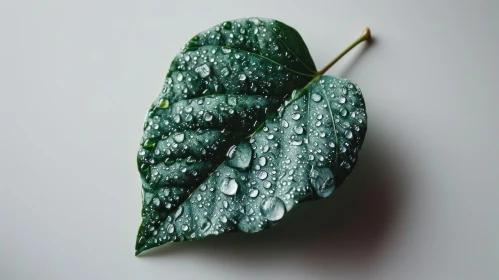 Green Leaf with Water Droplets Close-Up