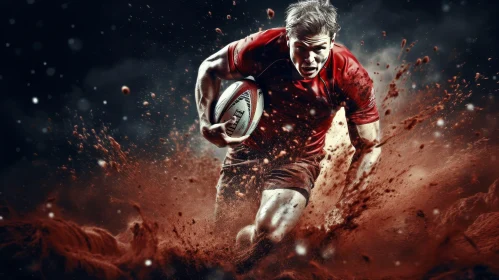 Male Rugby Player in Red Jersey Running with Ball