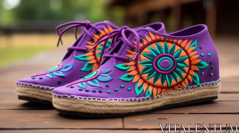 AI ART Purple Leather Shoes with Colorful Floral Embroidery