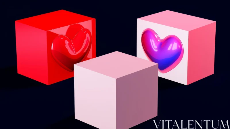 AI ART Red and Pink 3D Cubes with Heart-Shaped Holes on Dark Blue Background