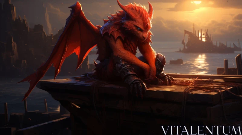 Red Dragon at Sunset - Digital Fantasy Art AI Image