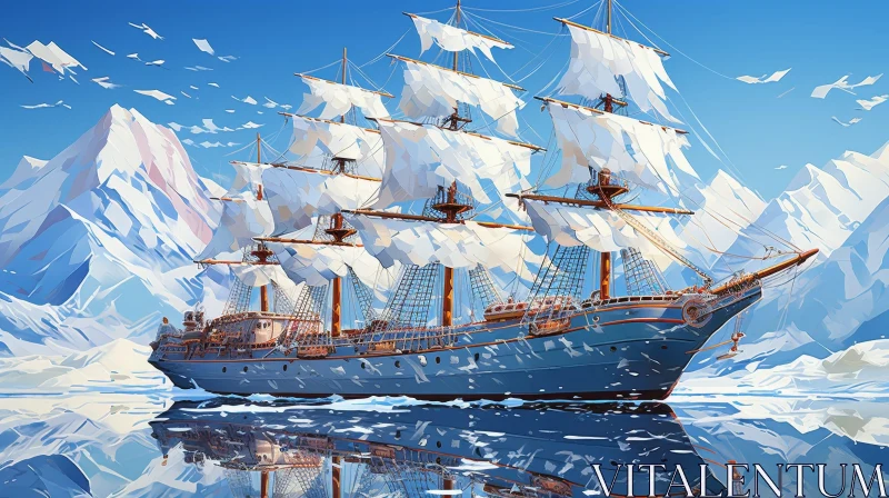 Tall Ship Painting on Calm Sea with Icebergs AI Image