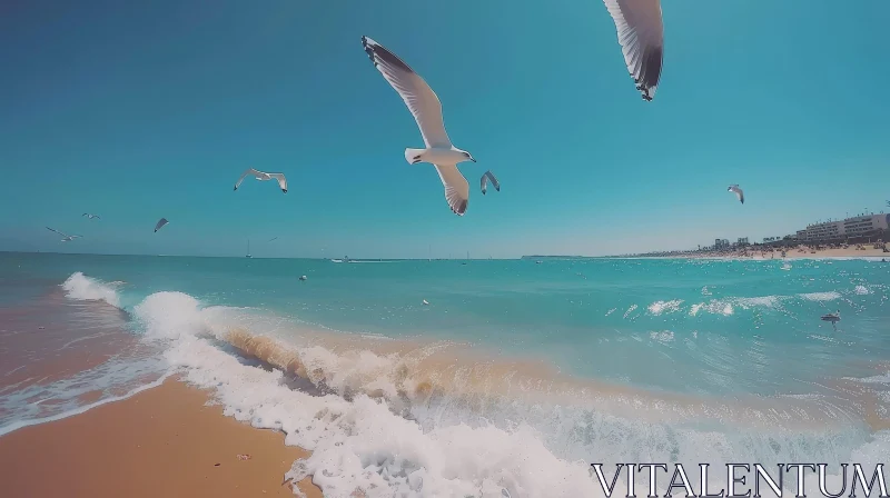 Tranquil Beach Scene with Seagulls and Turquoise Waves AI Image