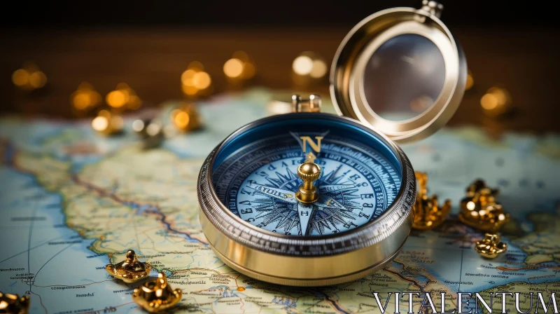 AI ART Vintage Metal Compass on Aged Map - Artistic Photo