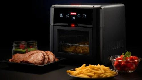 Black Air Fryer with French Fries and Cherry Tomatoes