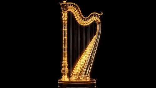 Dazzling 3D Gold Harp Rendering on Black Background