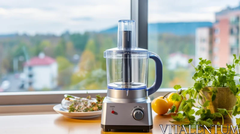 Efficient Food Processor in Kitchen with City View AI Image