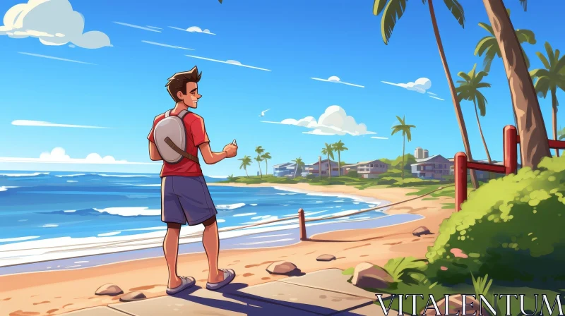 Man on Beach with Palm Trees and Ocean View AI Image