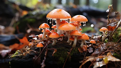 Orange Mushroom Cluster on Rotting Log in Forest