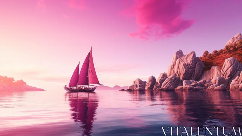 AI ART Pink Sunset Seascape with Boat Sailing to Rocky Island