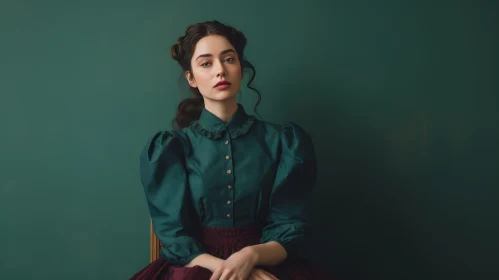 Serious Young Woman in Green Blouse and Burgundy Skirt