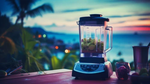 Tropical Sunset Blender with Green Fruit on Wooden Table