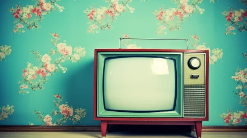 Vintage Retro Television Set on Floral Wallpapered Wall