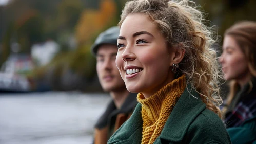 Young Woman in Green Coat Smiling Outdoors