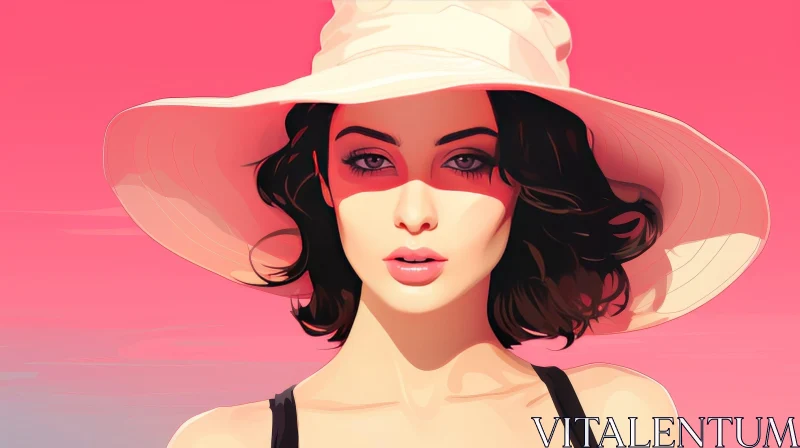AI ART Young Woman Portrait with Wide-Brimmed Hat on Pink Background