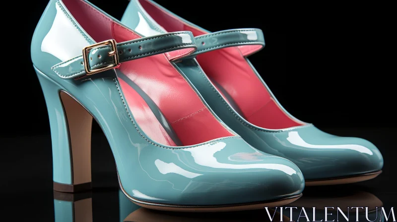Blue Patent Leather High Heel Shoes with Mary Jane Strap AI Image