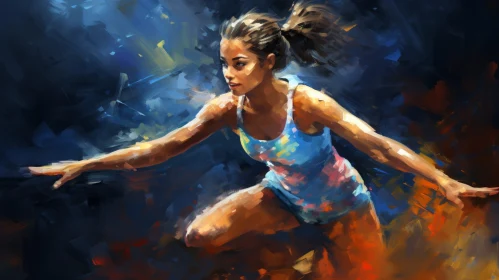 Dynamic Woman Runner Painting in Blue and Pink Leotard