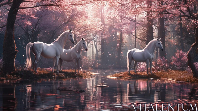 Enchanting Forest River with Unicorns and Flowers AI Image